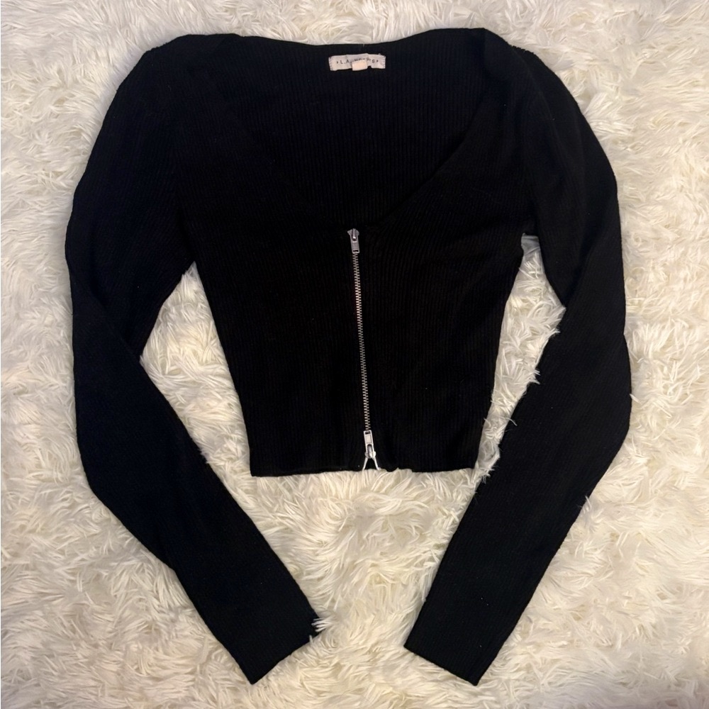 Black Long Sleeve Zip-Up Top